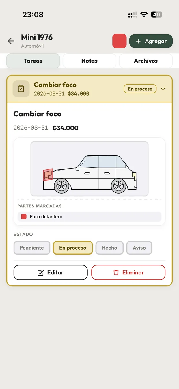 Ficha de un bien en Primer Anillo: un automóvil con sus tareas de mantenimiento