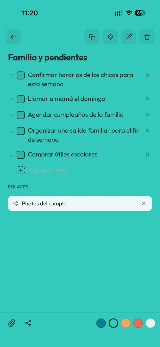 Checklist compartido de familia y pendientes en Primer Anillo