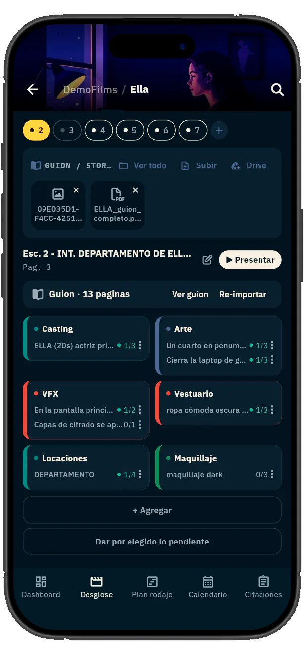 Pantalla de desglose de guion por departamento en Plan de Rodajes