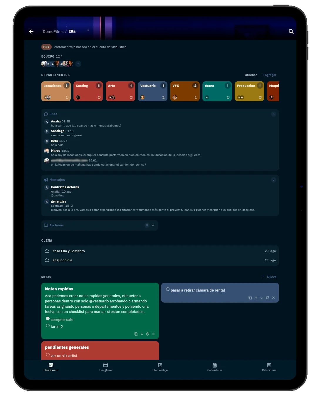 Plan de Rodajes en iPad: dashboard del proyecto con departamentos, chat de equipo, clima y notas rápidas