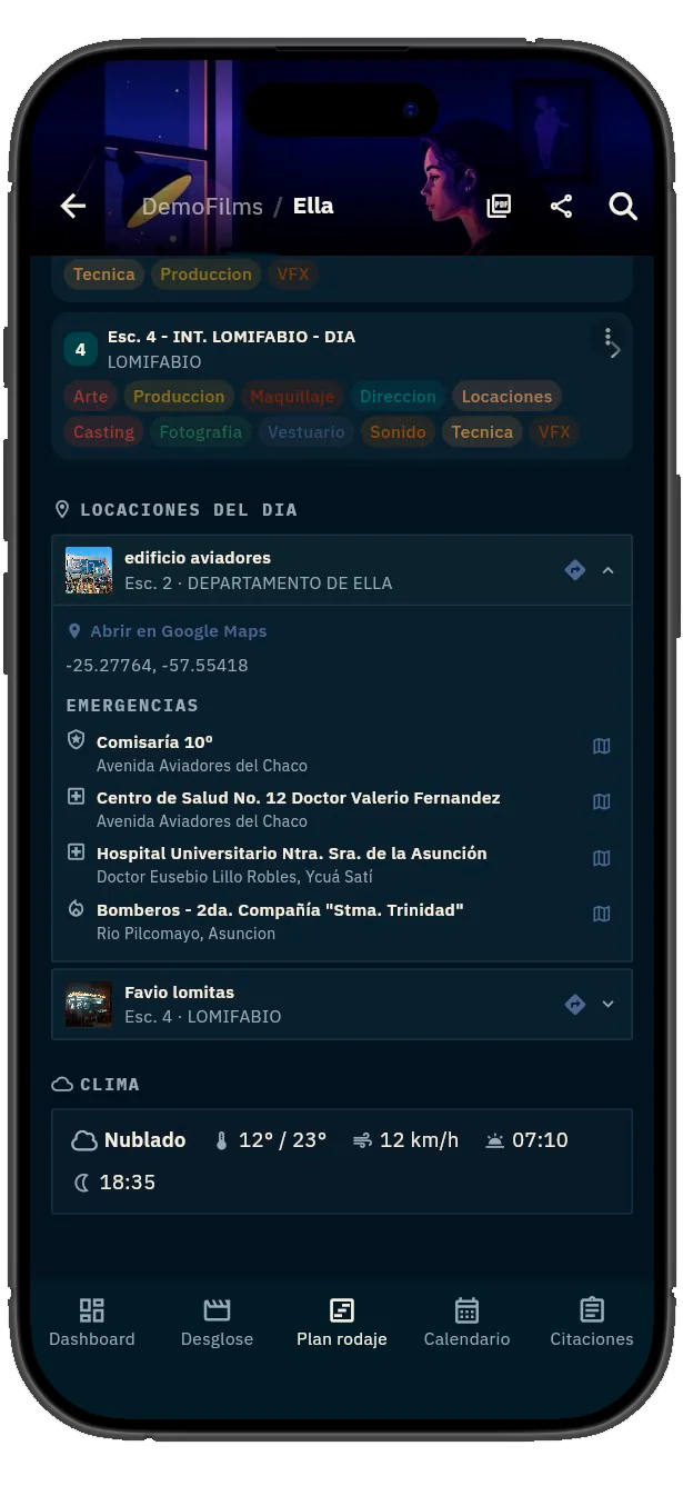 Plan de rodaje del día con locaciones, emergencias cercanas y clima