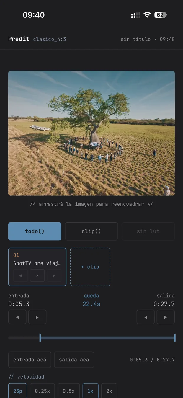 Predit en iPhone: reencuadre de un clip de dron con controles de entrada y salida
